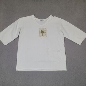CottonSeed Top‎ Women's Large White 100% Cotton V-Neck Palm Embroidered Pullover